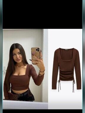 Zara Square Neckline Ruched Long Sleeves Top